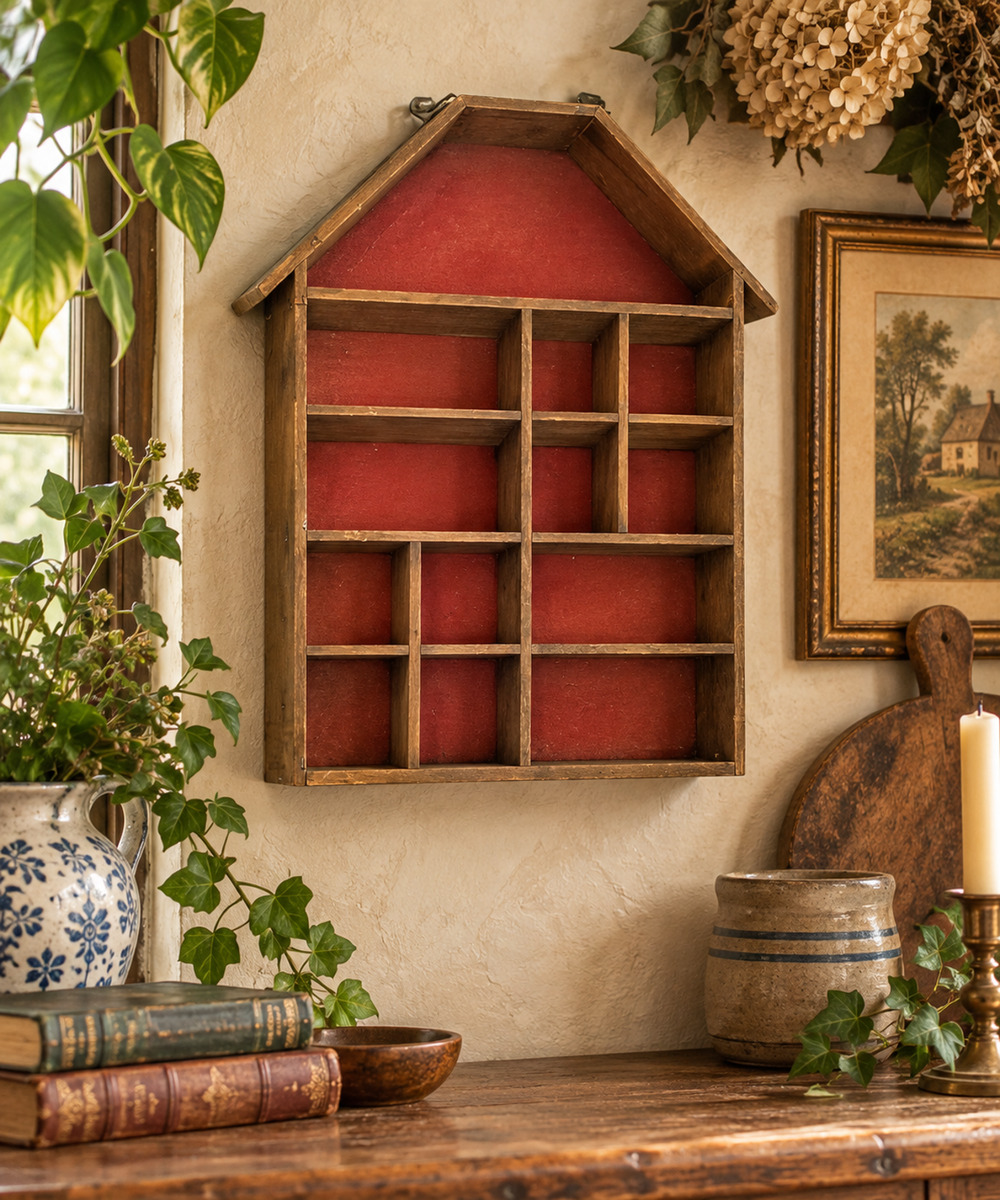 Vintage Wood House Shaped Shadow Box Wall Shelf Curio Display Primitive Cottage